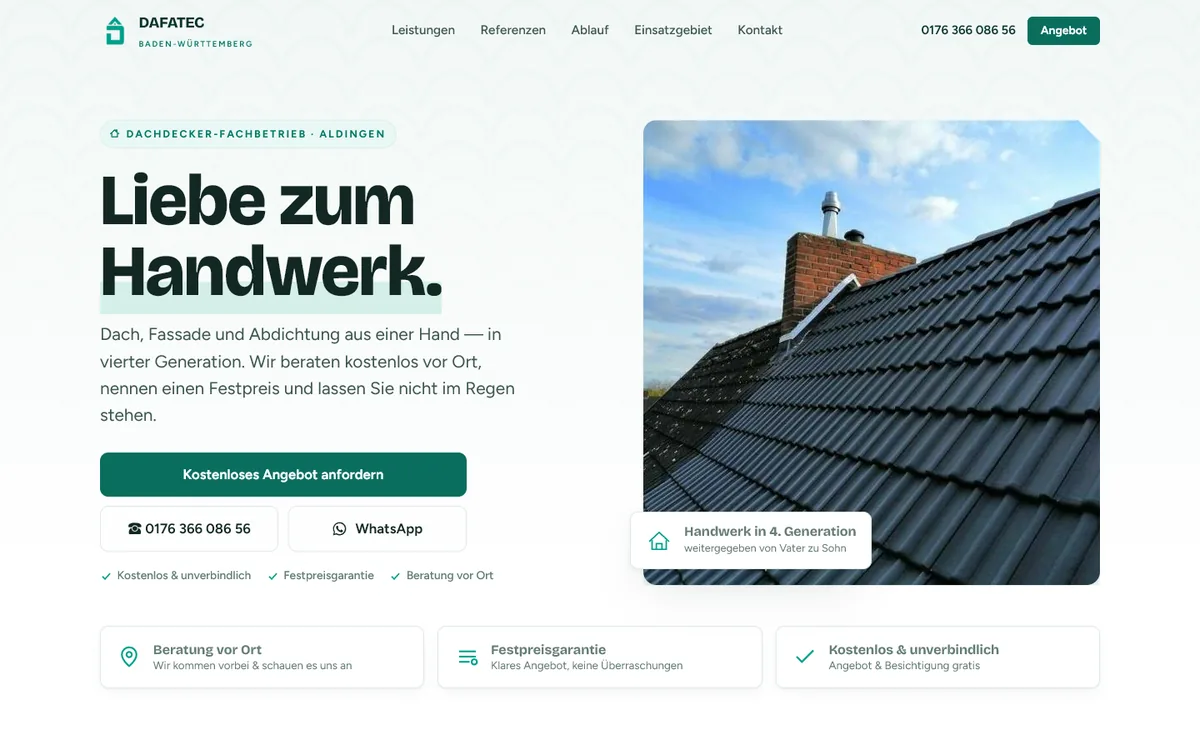 Webseite von DAFATEC, Dachdecker aus Aldingen, auf einem Laptop